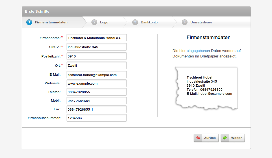 Eingabe der Firmendaten die unsere Software